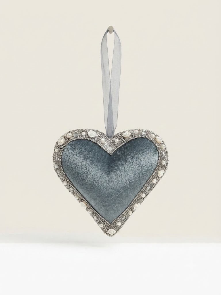 Charcoal Velvet & Metallic Studded Heart Hanging Decor