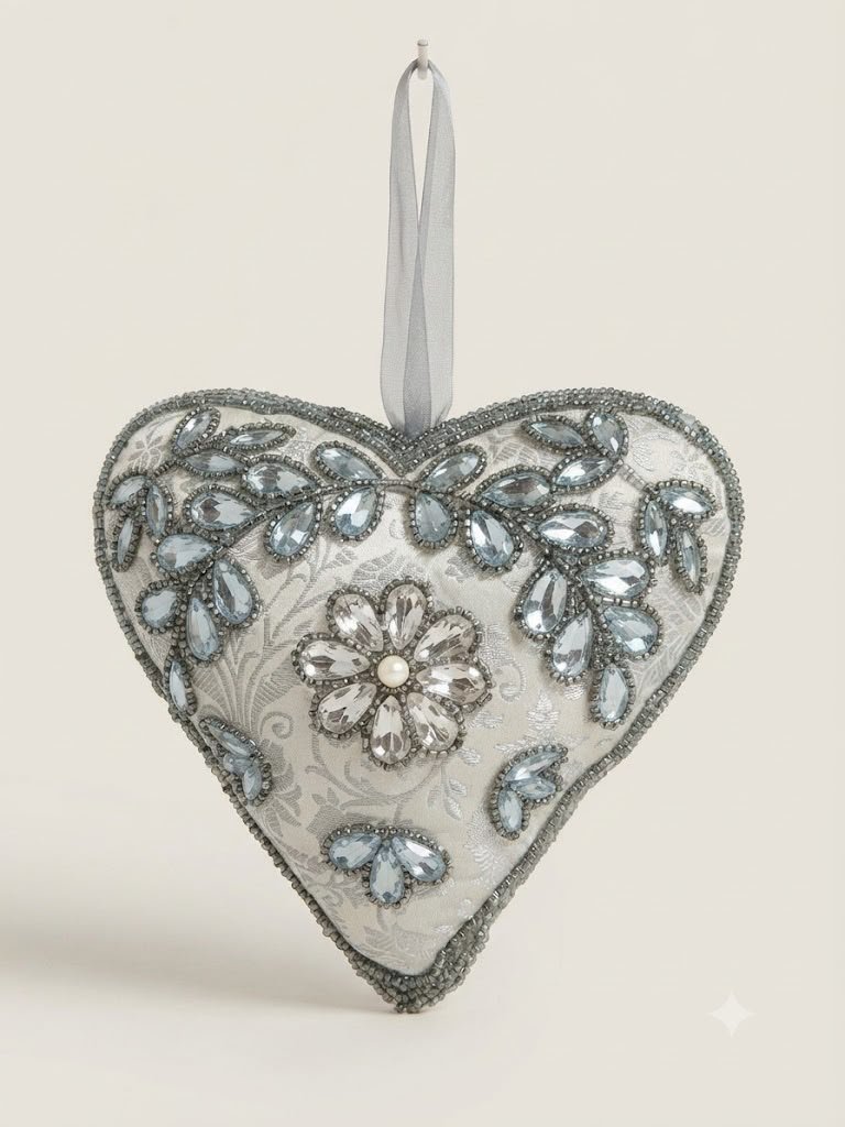 Silver Brocade & Crystal Floral Heart Hanging Decor