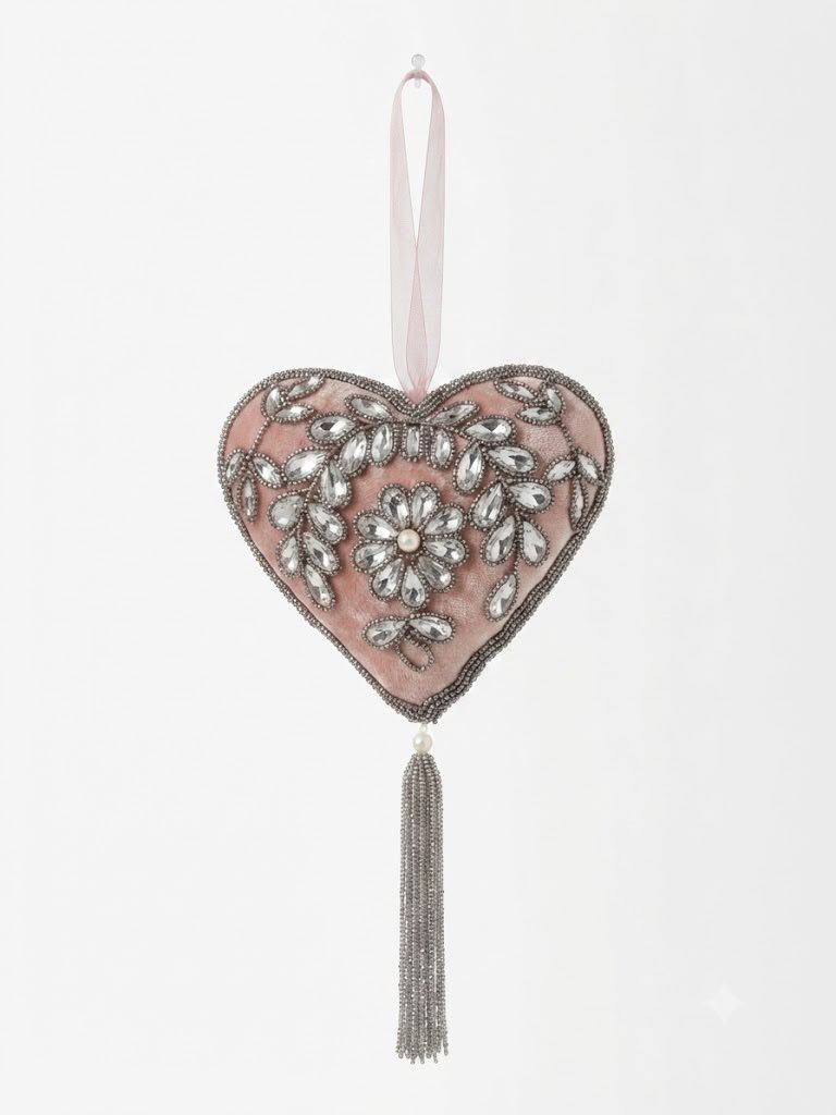 Blush Velvet & Crystal Floral Heart Hanging Decor