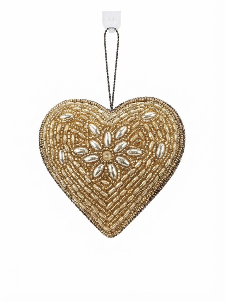 Antique Gold & Bronze Beaded Heart Hanging Decor