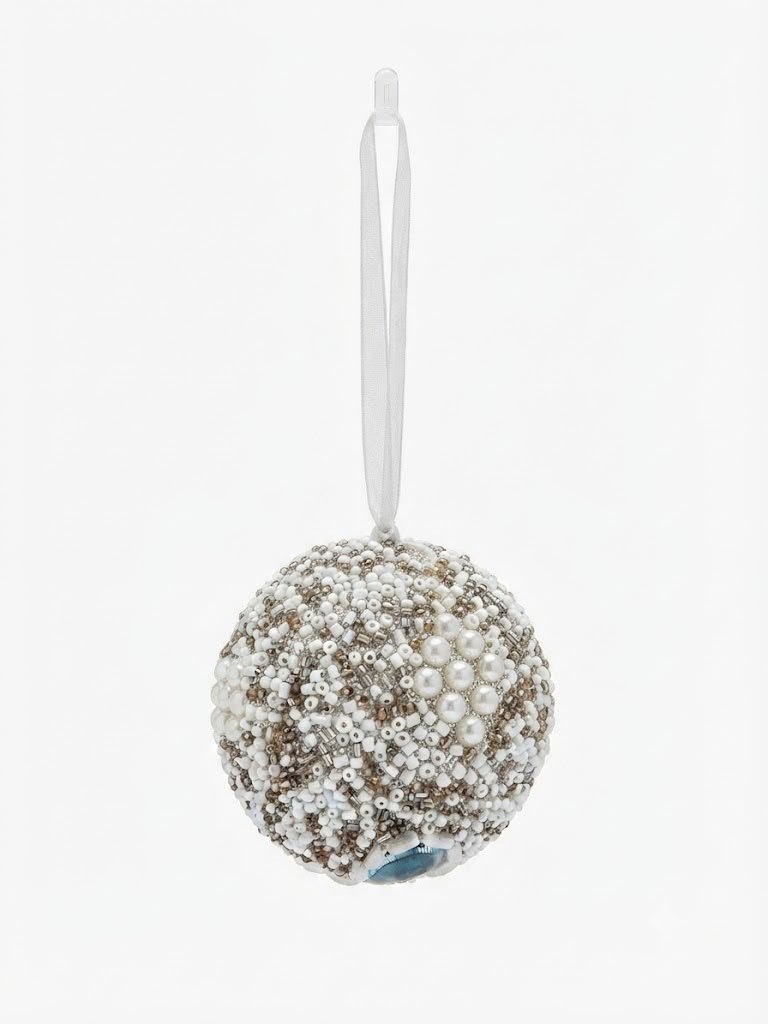 Silver & Pearl Mosaic Hand-Beaded Bauble Decor