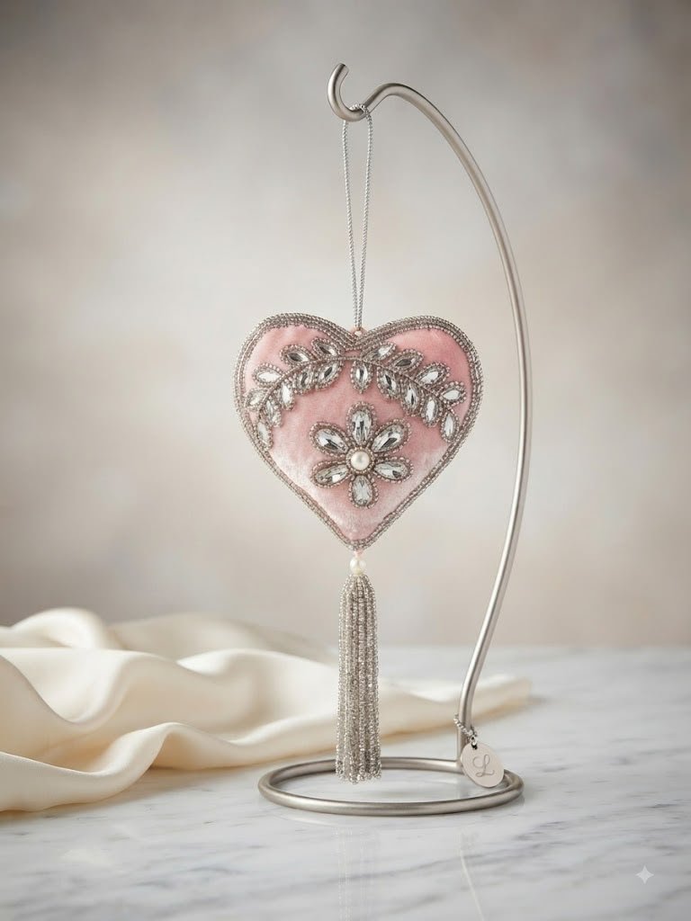 Blush Velvet & Crystal Floral Heart Hanging Decor