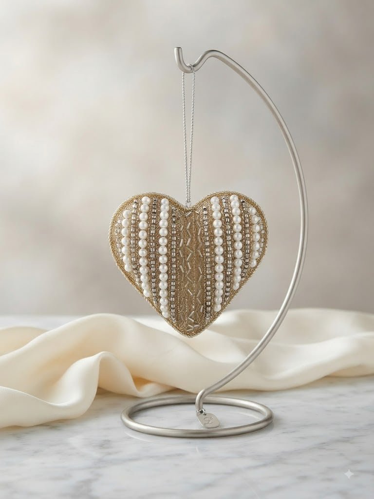 Silver & Pearl Striped Heart Hanging Decor