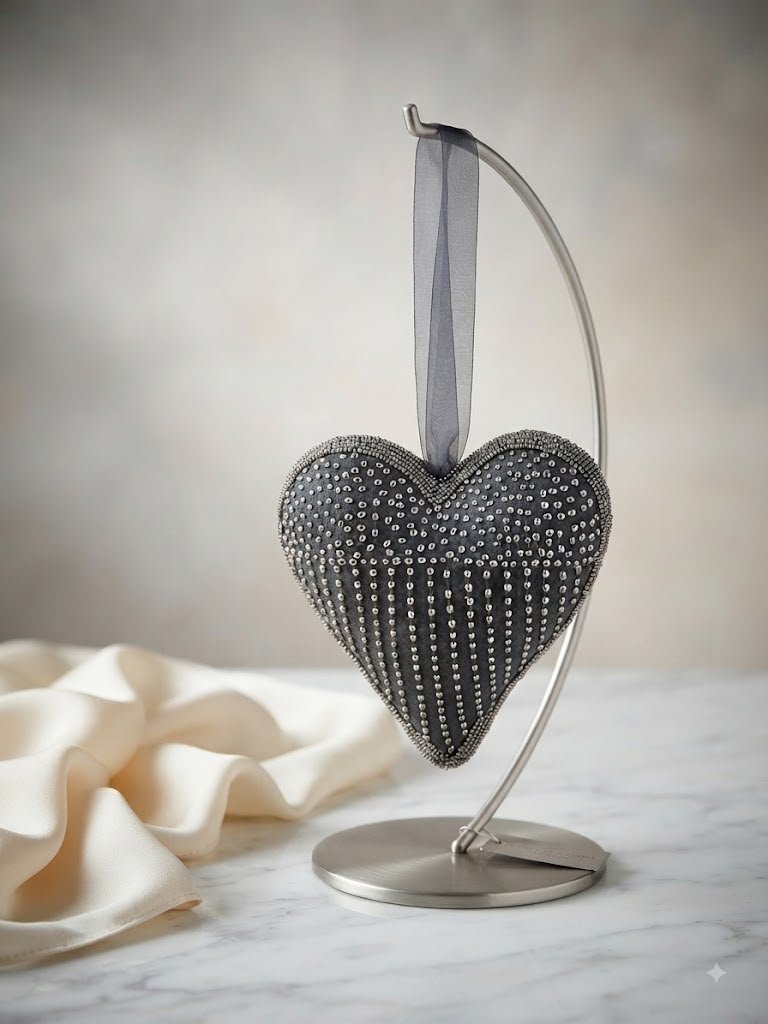 Dark grey beaded heart hanging decor piece (Large)
