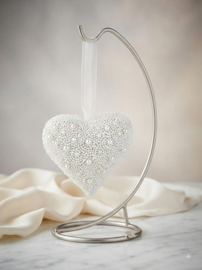 White pearl-beaded heart hanging decor piece