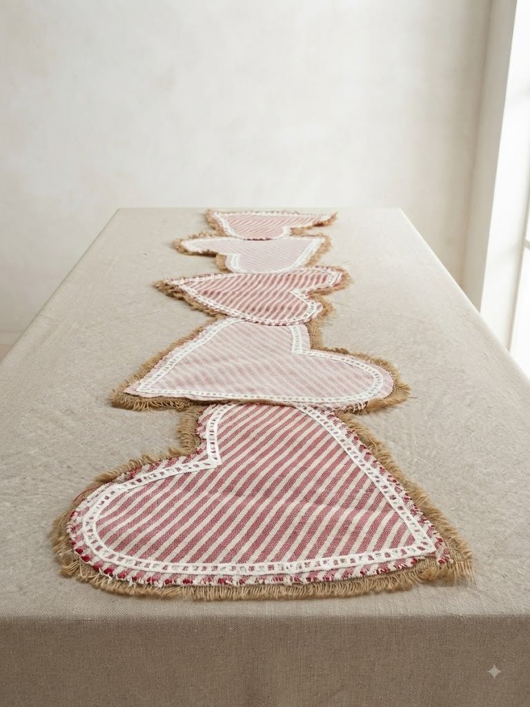 Heart-Shape Cutwork Striped Pure Cotton Table Runner