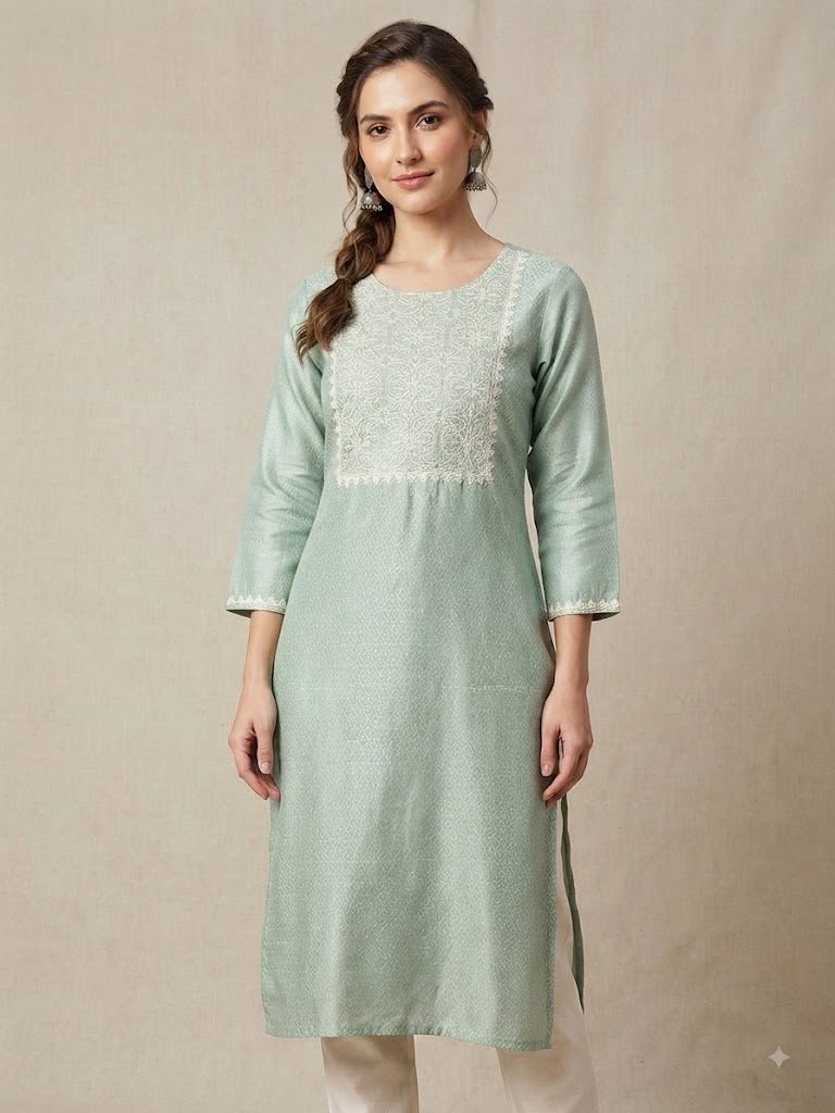 FabIndia Pure Chanderi Teal Blue Chikankari Kurta