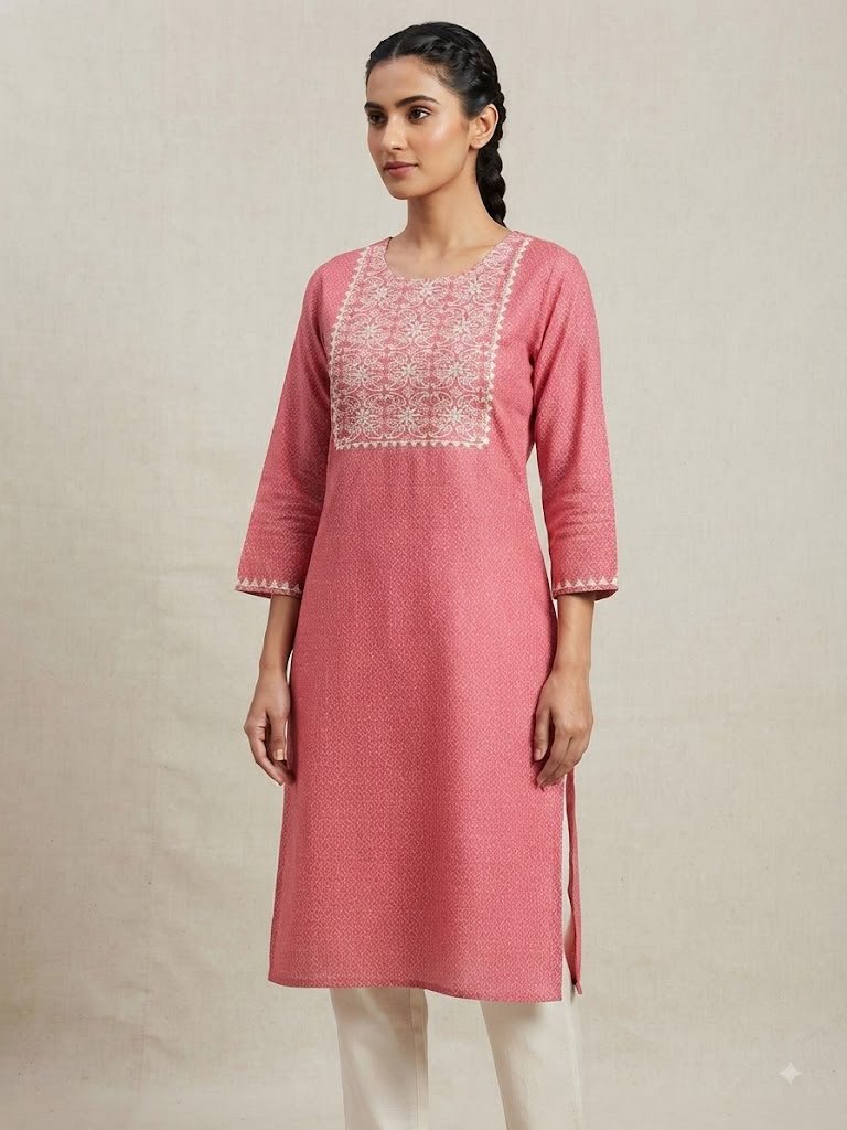FabIndia Peach Color Pure Chanderi Chikankari Kurta