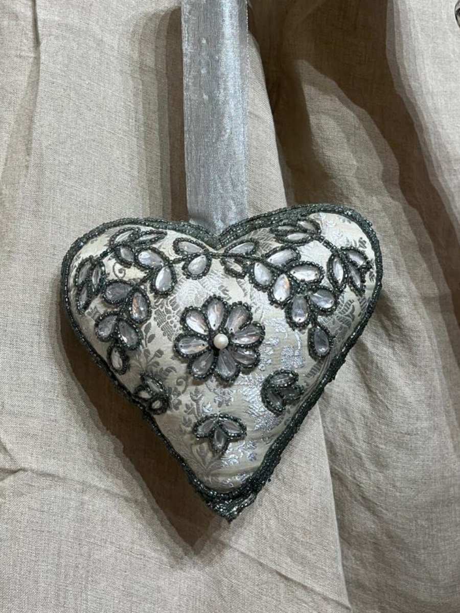 Silver Brocade & Crystal Floral Heart Hanging Decor