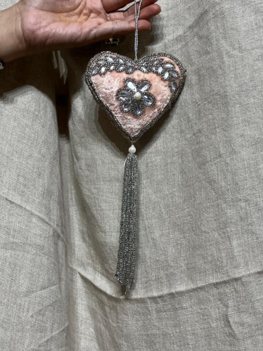 Blush Velvet & Crystal Floral Heart Hanging Decor