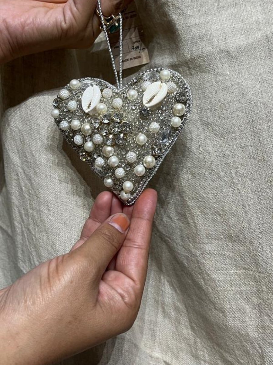 Cowrie Shell, Pearl & Crystal Embellished Heart Hanging Decor