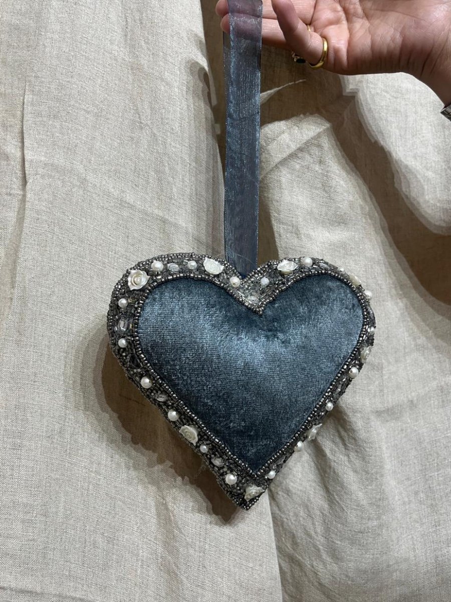Charcoal Velvet & Metallic Studded Heart Hanging Decor photo 2