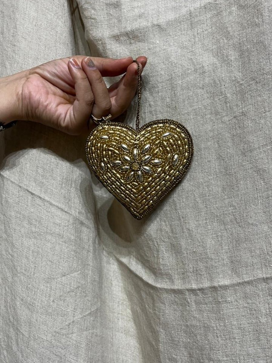 Antique Gold & Bronze Beaded Heart Hanging Decor photo 3