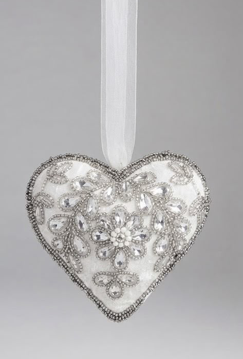 Winter White Velvet & Crystal Floral Heart Hanging Decor
